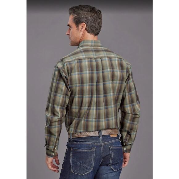 Stetson Men's Plaid Button-Up Shirt Contrasting Cuff and Collar Trim - Size L - Picture 1 of 10